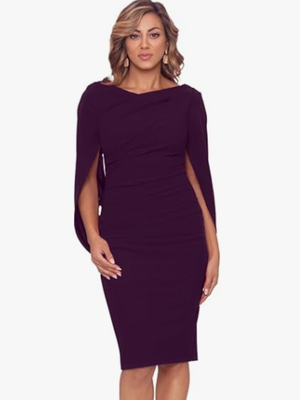 Betsy & Adam Asymmetric Neck Evening Dress–Strapless w/Leg Slit Front Mulberry